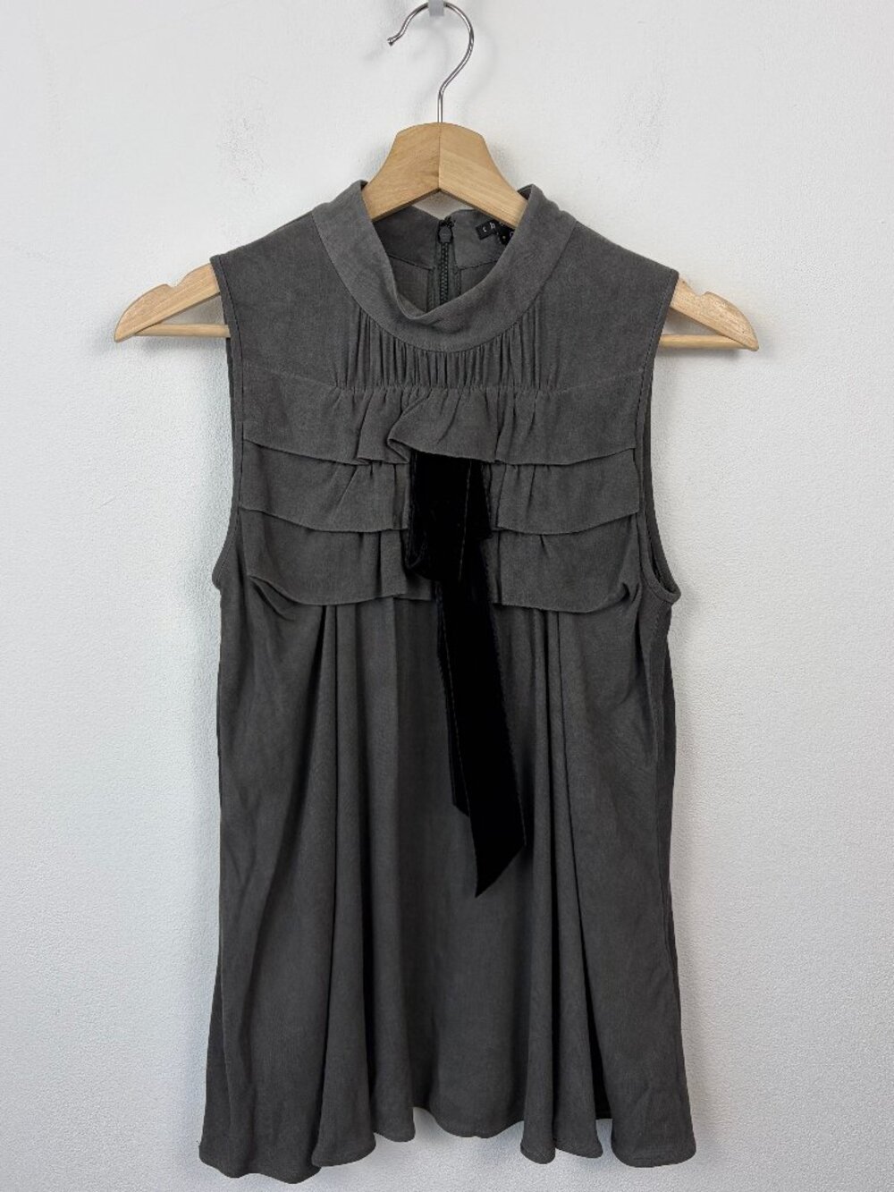 Theory Gray Ruffle Sleeveless Blouse Velvet Tie Size P